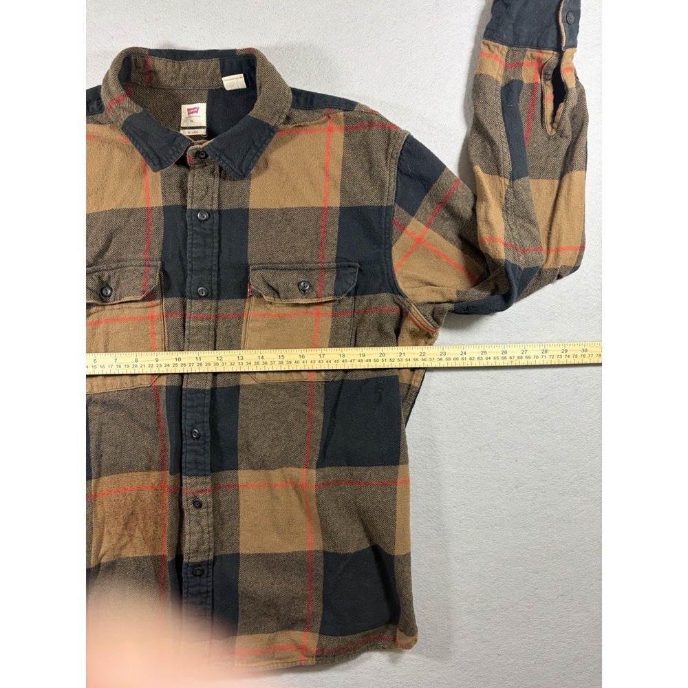 Levi's Plaid Flannel Shirt Jacket Tan Black Buffalo Check Cotton Fall Grunge - Picture 2 of 7